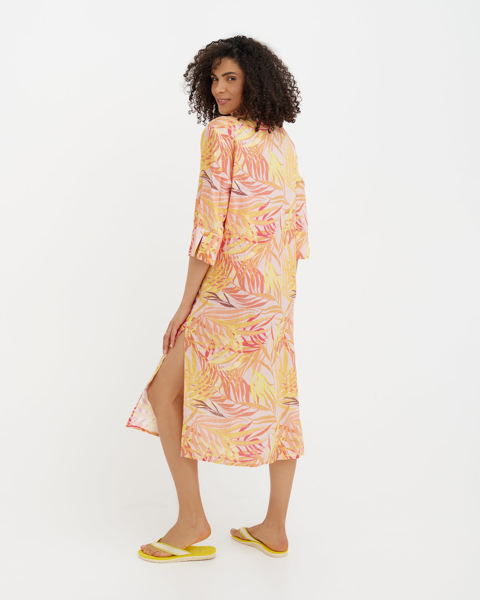MagicLinen Sunset palms print Linen Beach Dress LA JOLLA with shirt neckline and 3/4 sleeves  