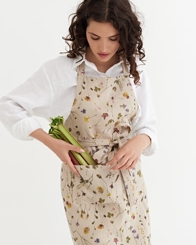 Linen bib apron in Botanical print