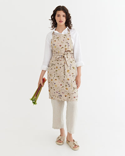 Linen bib apron in Botanical print