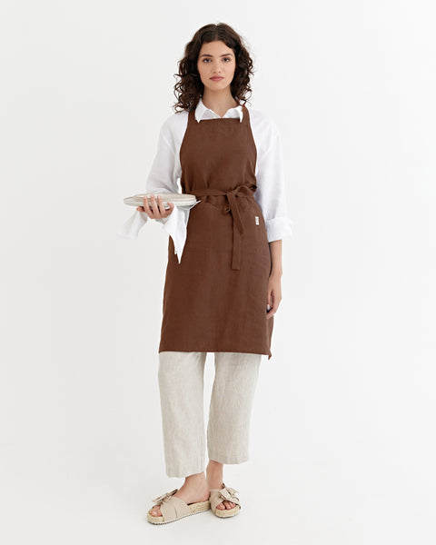 トップス papier Apron brown linen-bib-apron-in-chocolate-