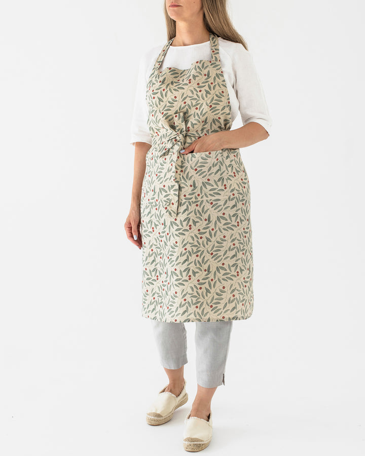 Linen bib apron in Mistletoe print - MagicLinen