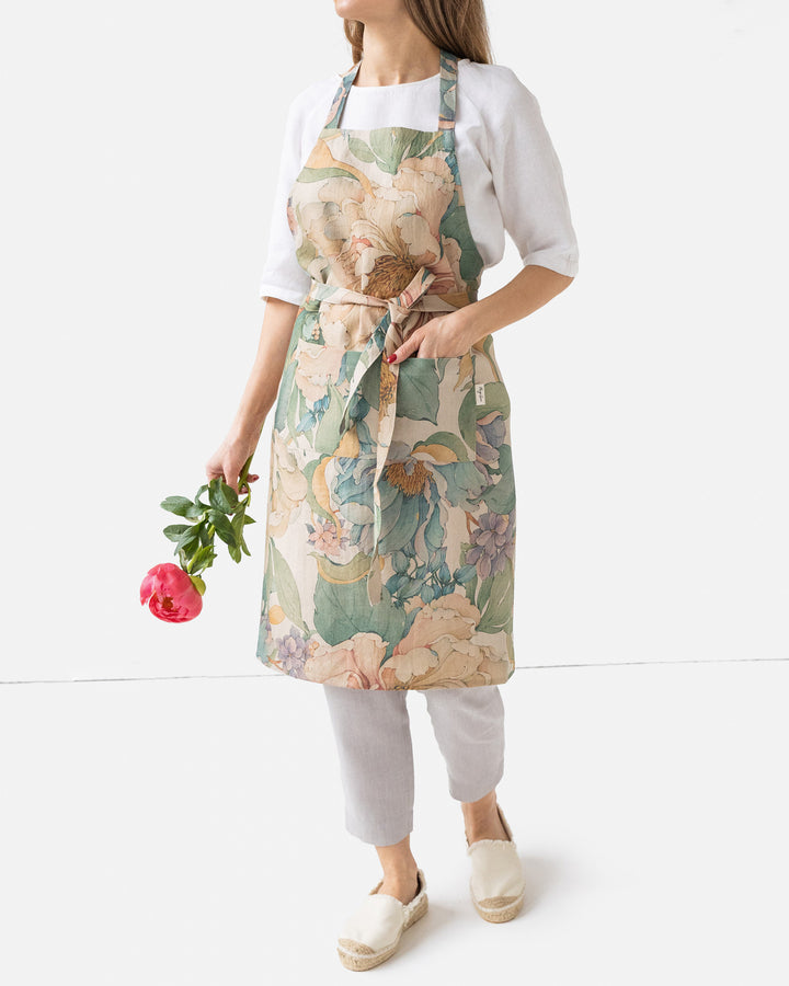 Linen bib apron in Vibrant peonies print on natural | MagicLinen