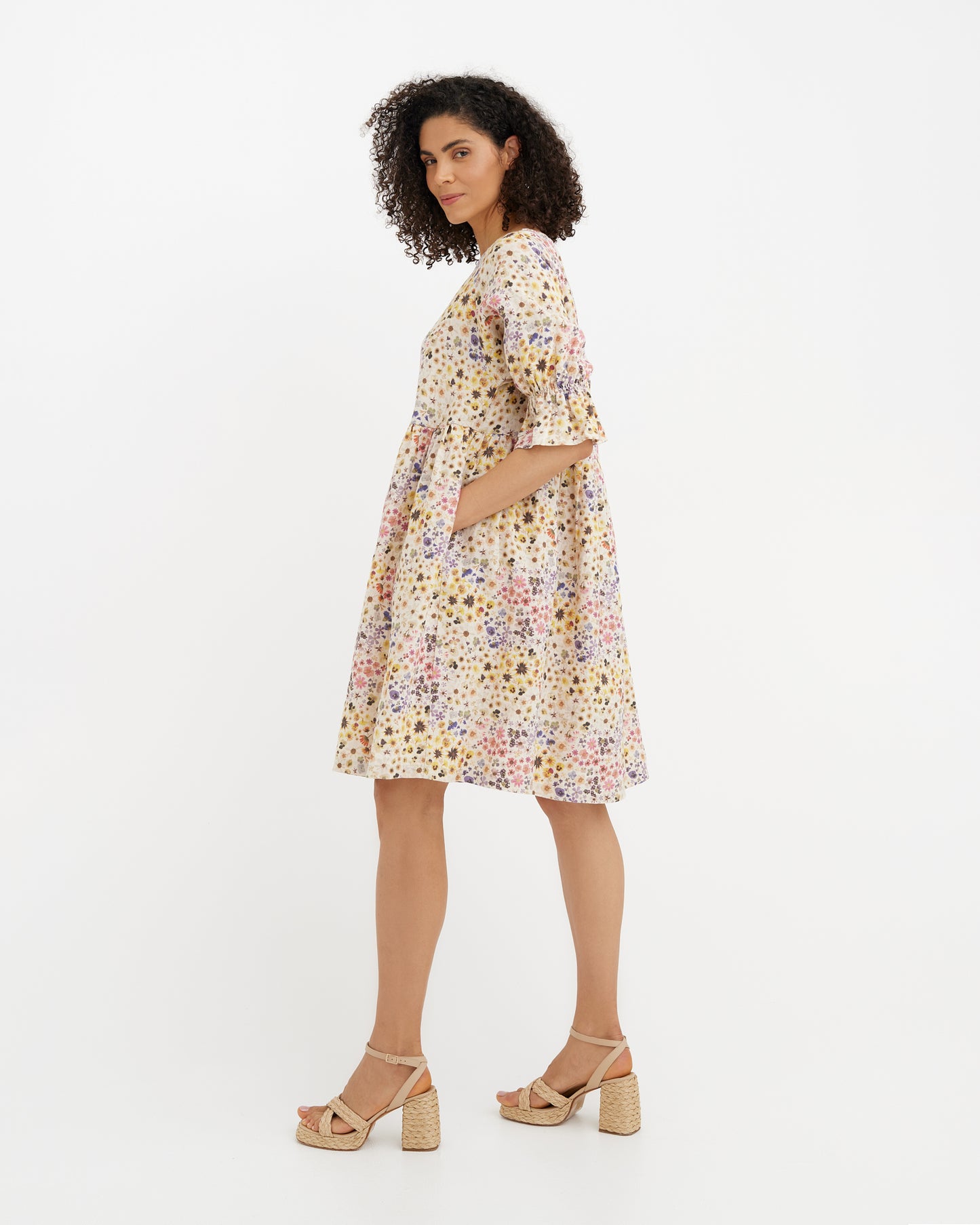 MagicLinen Bloom floral print NERJA women’s midi linen dress with gathered waist  