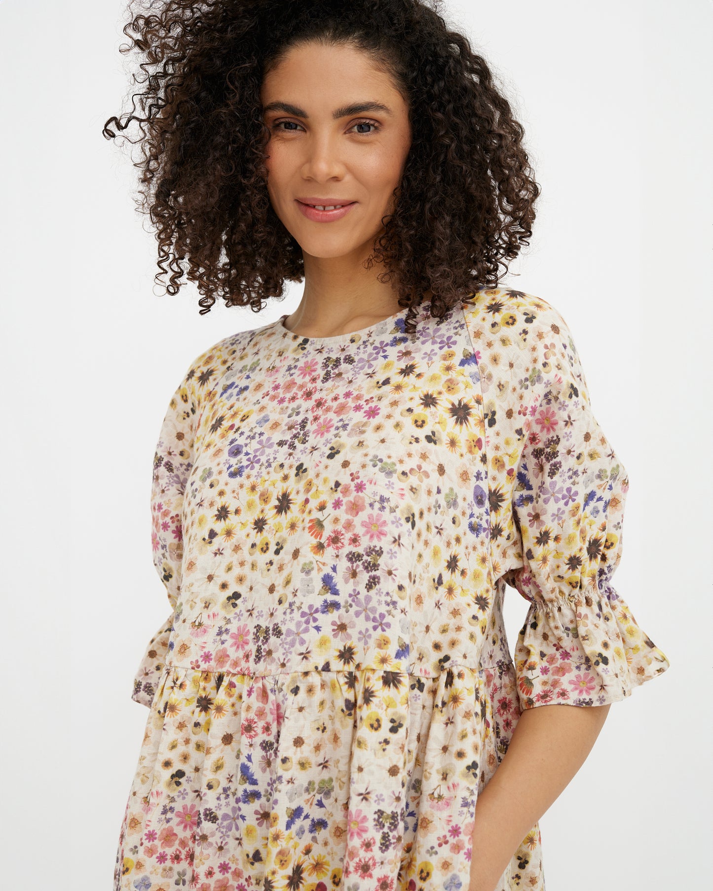 MagicLinen Bloom floral print Linen Dress NERJA with elasticated elbow-length puff sleeves  