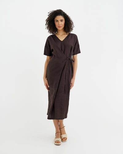 MagicLinen Espresso Brown PORTOFINO linen dress, 100% European flax linen modelBoxOn