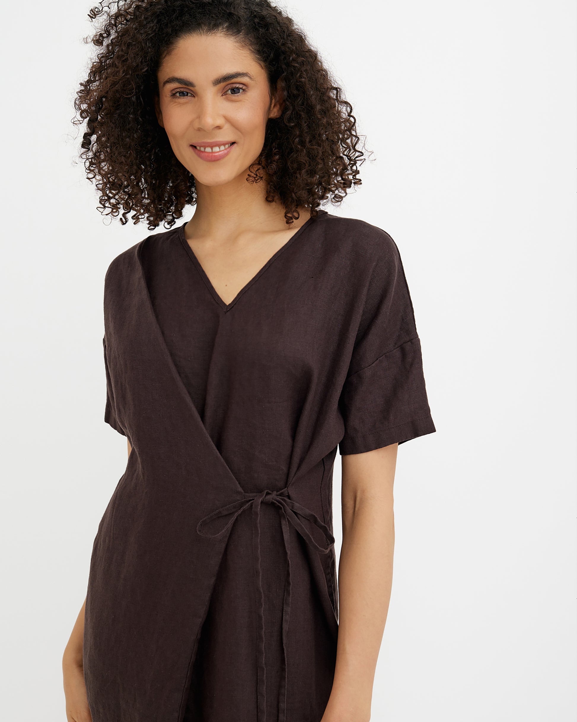 MagicLinen Espresso Brown linen dress PORTOFINO, relaxed straight fit silhouette