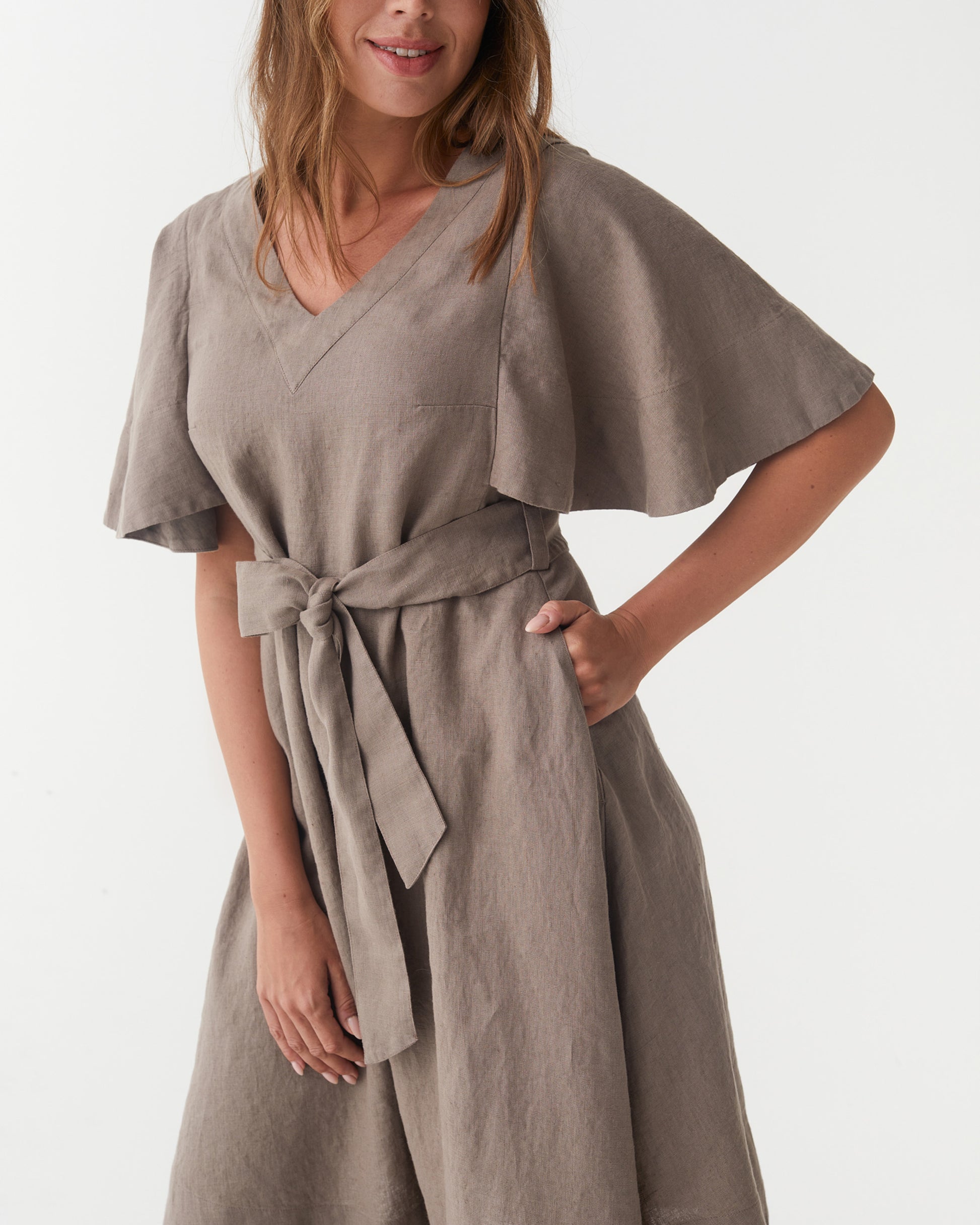 Linen flared dress GUILIN in Deep taupe | MagicLinen