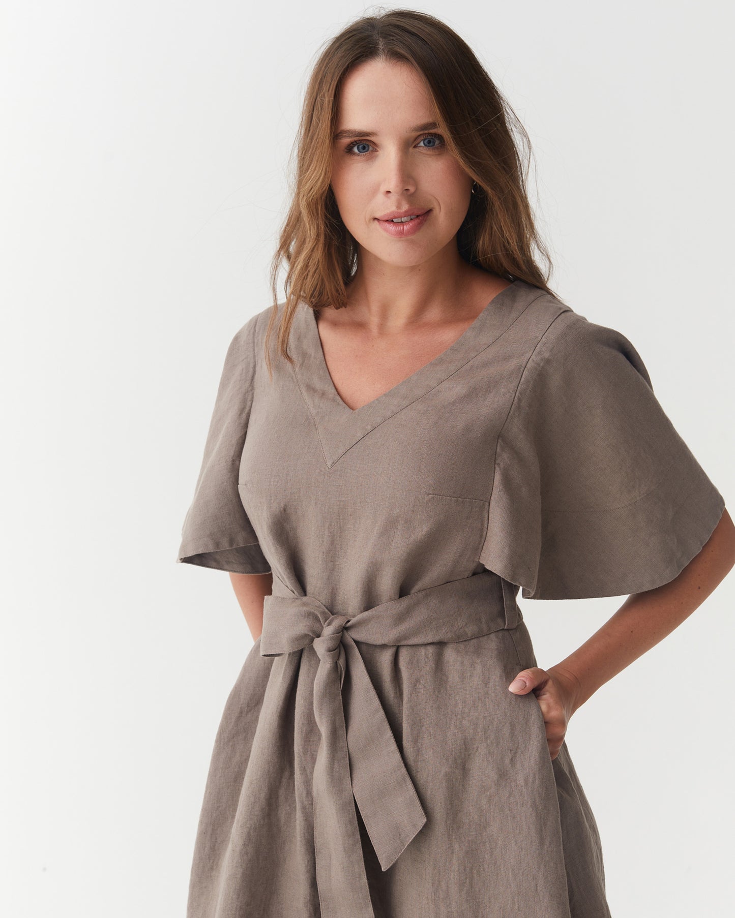 Linen flared dress GUILIN in Deep taupe | MagicLinen