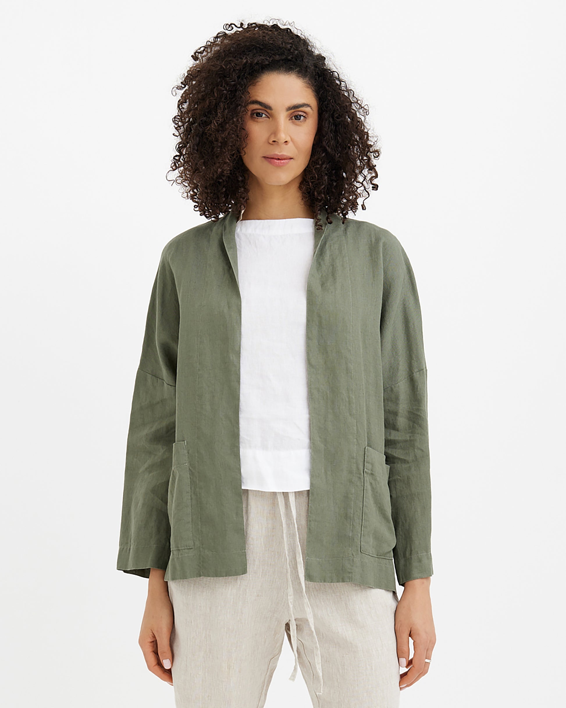 MagicLinen Mist Green LOS ANGELES linen jacket, stonewashed European flax linen  modelBoxOn