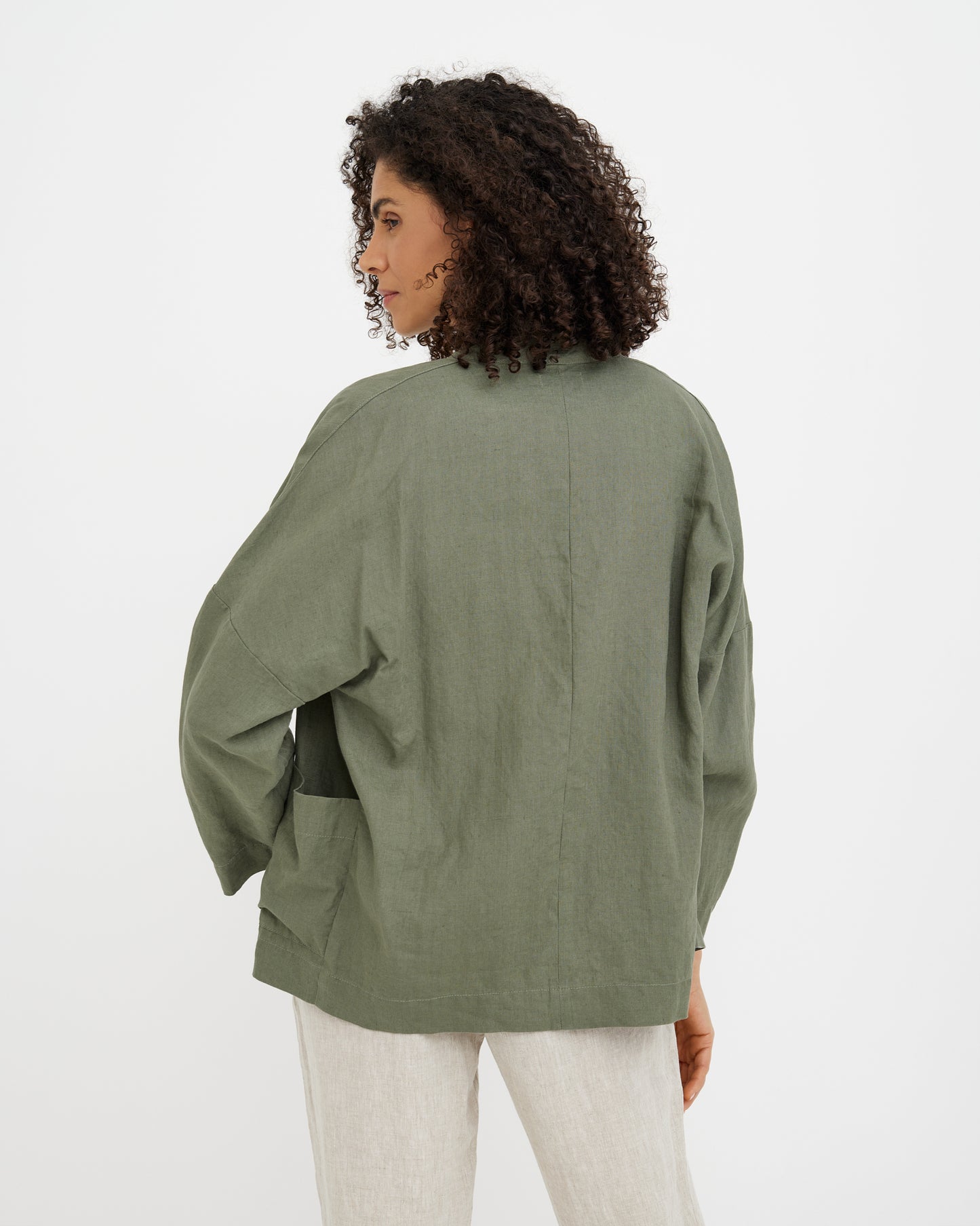 MagicLinen Mist Green LOS ANGELES jacket showing hip-length coverage  