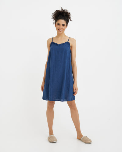 Linen pajama dress HARBOUR in Deep navy blue | MagicLinen modelBoxOn2