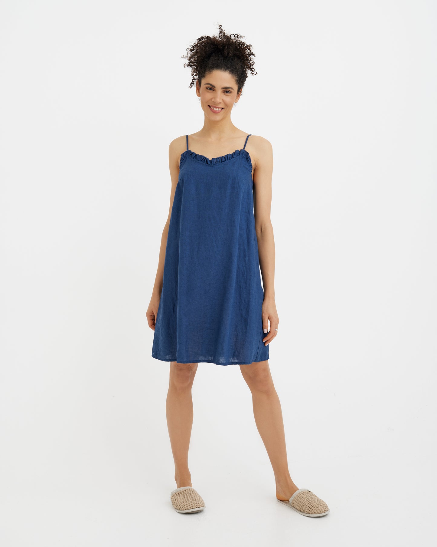 Linen pajama dress HARBOUR in Deep navy blue | MagicLinen modelBoxOn2