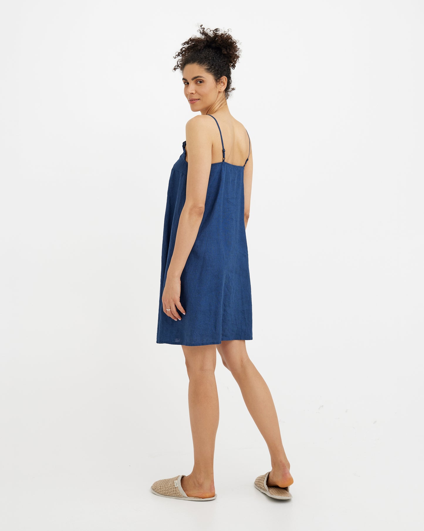 Linen pajama dress HARBOUR in Deep navy blue