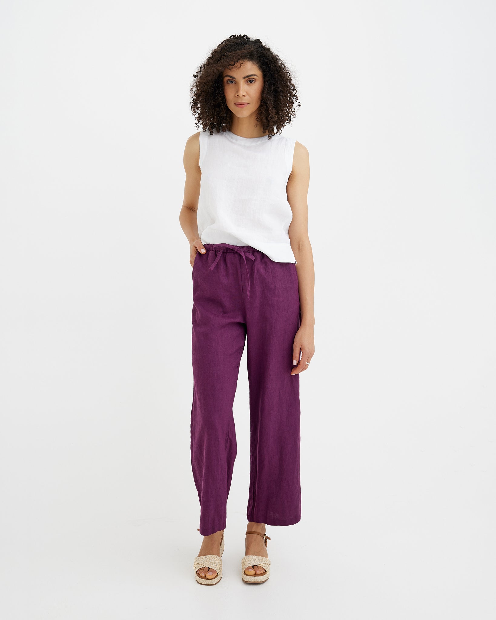 MagicLinen Royal purple Linen Pants CURACAO, 100% European flax linen 180 gsm  modelBoxOn
