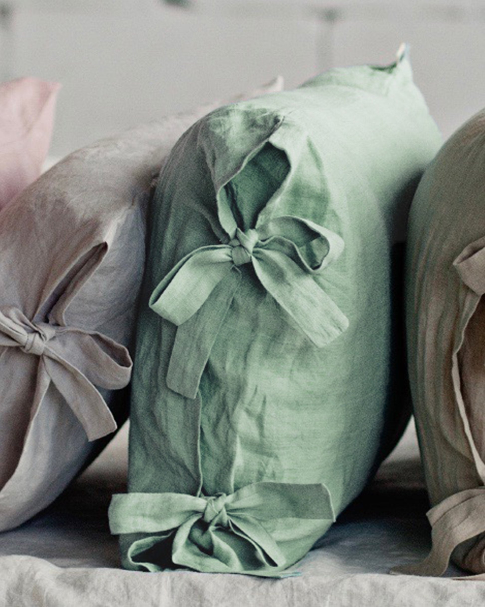 Linen Pillow Cover with Ribbon Ties in Sage green | MagicLinen