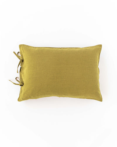 Linen pillowcase with ties in Moss yellow