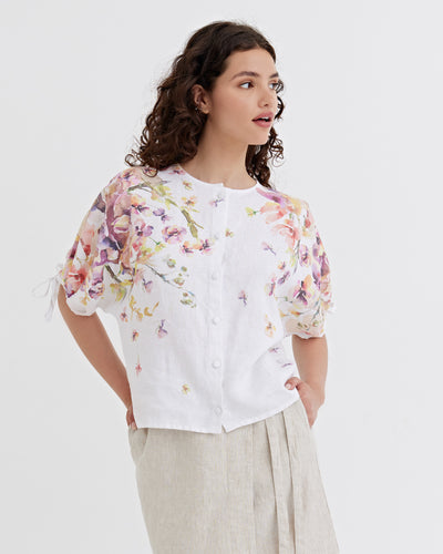 Linen Puff Sleeve Top GAYA in Blushing violet | MagicLinen modelBoxOn2