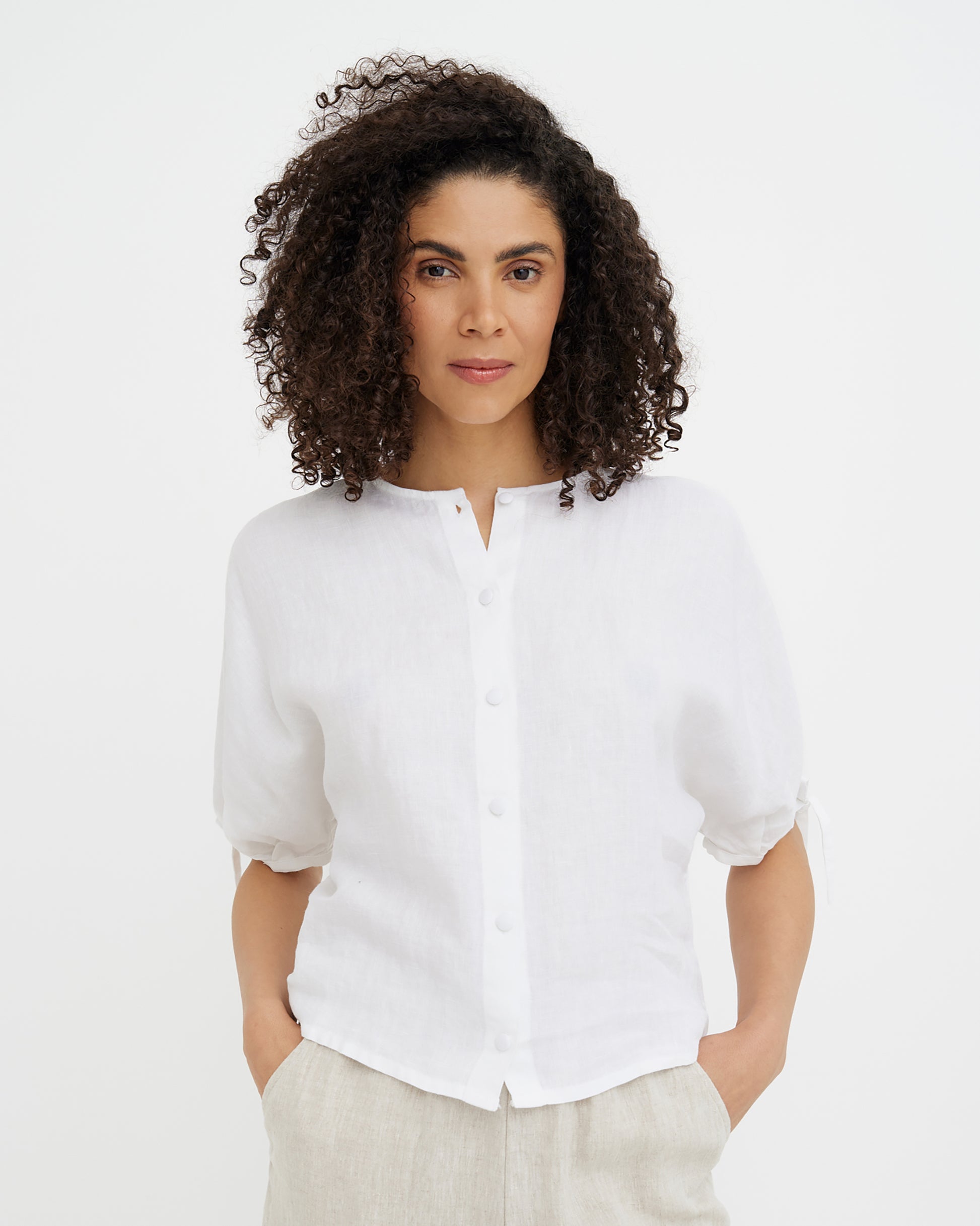 MagicLinen White Linen Puff Sleeve Top GAYA, 100% European flax linen 160 gsm plain weave  modelBoxOn