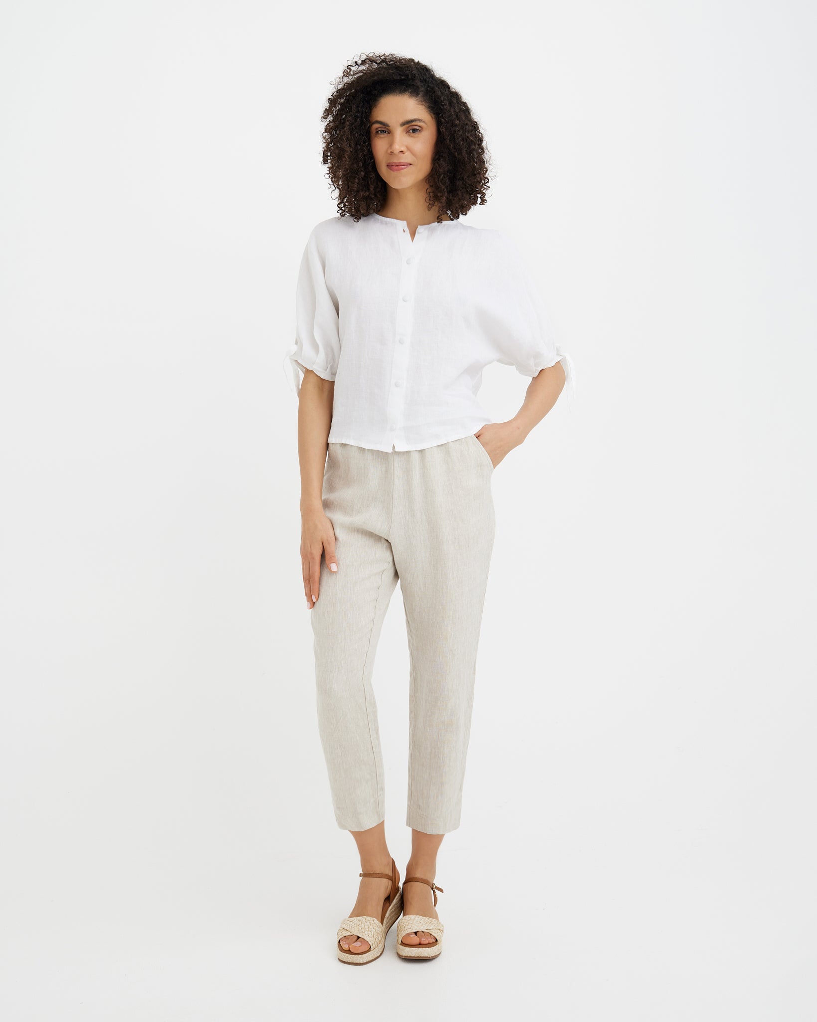 MagicLinen White GAYA linen top with puffed peasant sleeves and adjustable drawstring cuffs  
