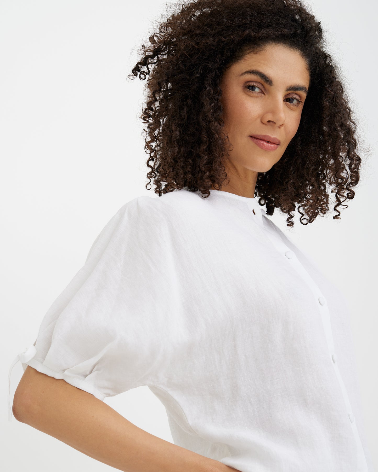 MagicLinen White European flax linen top with linen-covered button front  