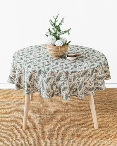 Round linen tablecloth in Natural & Winter print