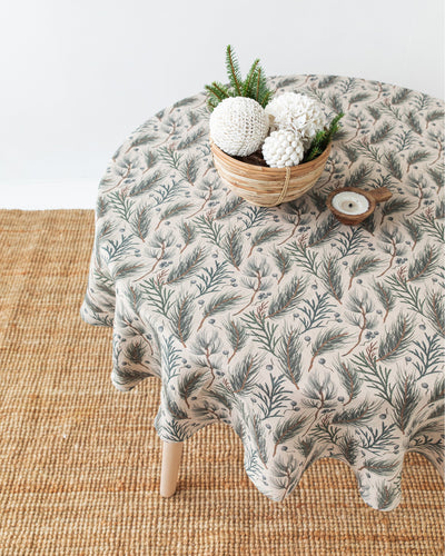 Round linen tablecloth in Natural & Winter print