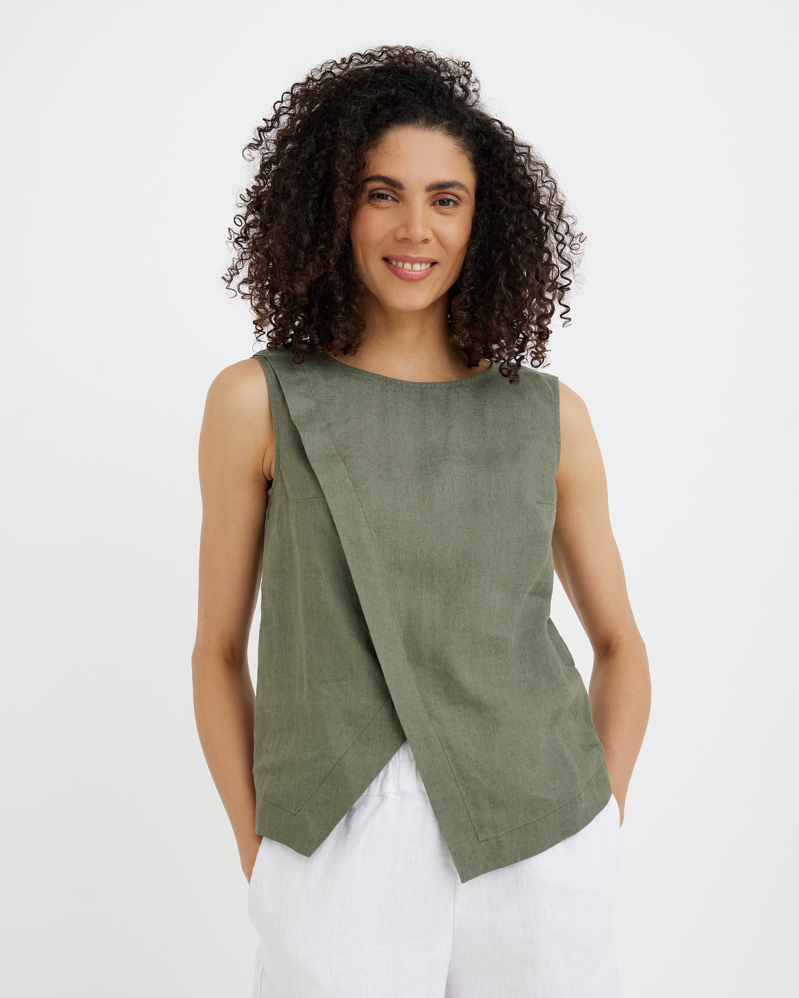 MagicLinen Mist green Linen Sleeveless Top HOUSTON, 100% European flax linen 160 gsm plain weave   modelBoxOn