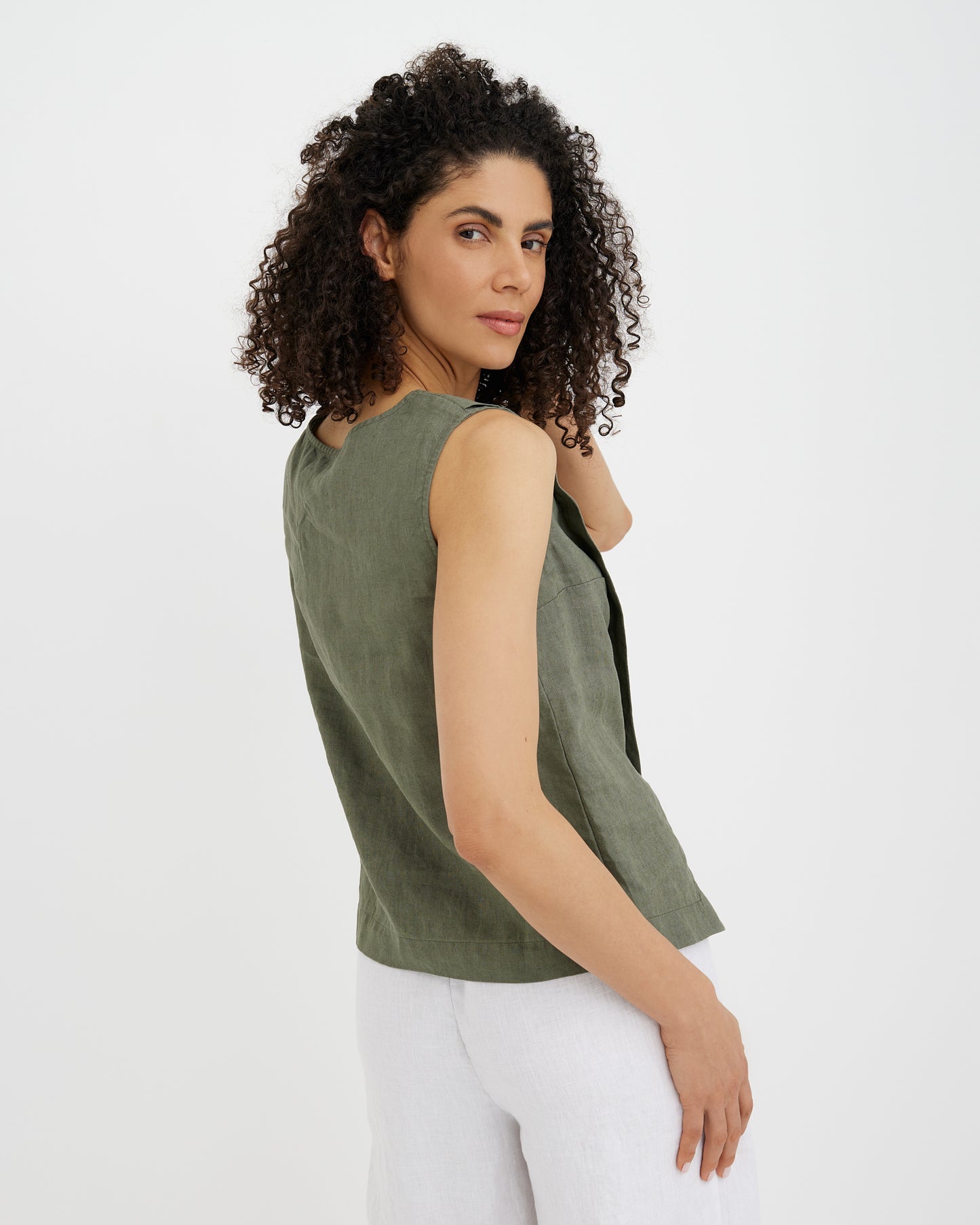MagicLinen Mist green women’s sleeveless linen top with round neckline  