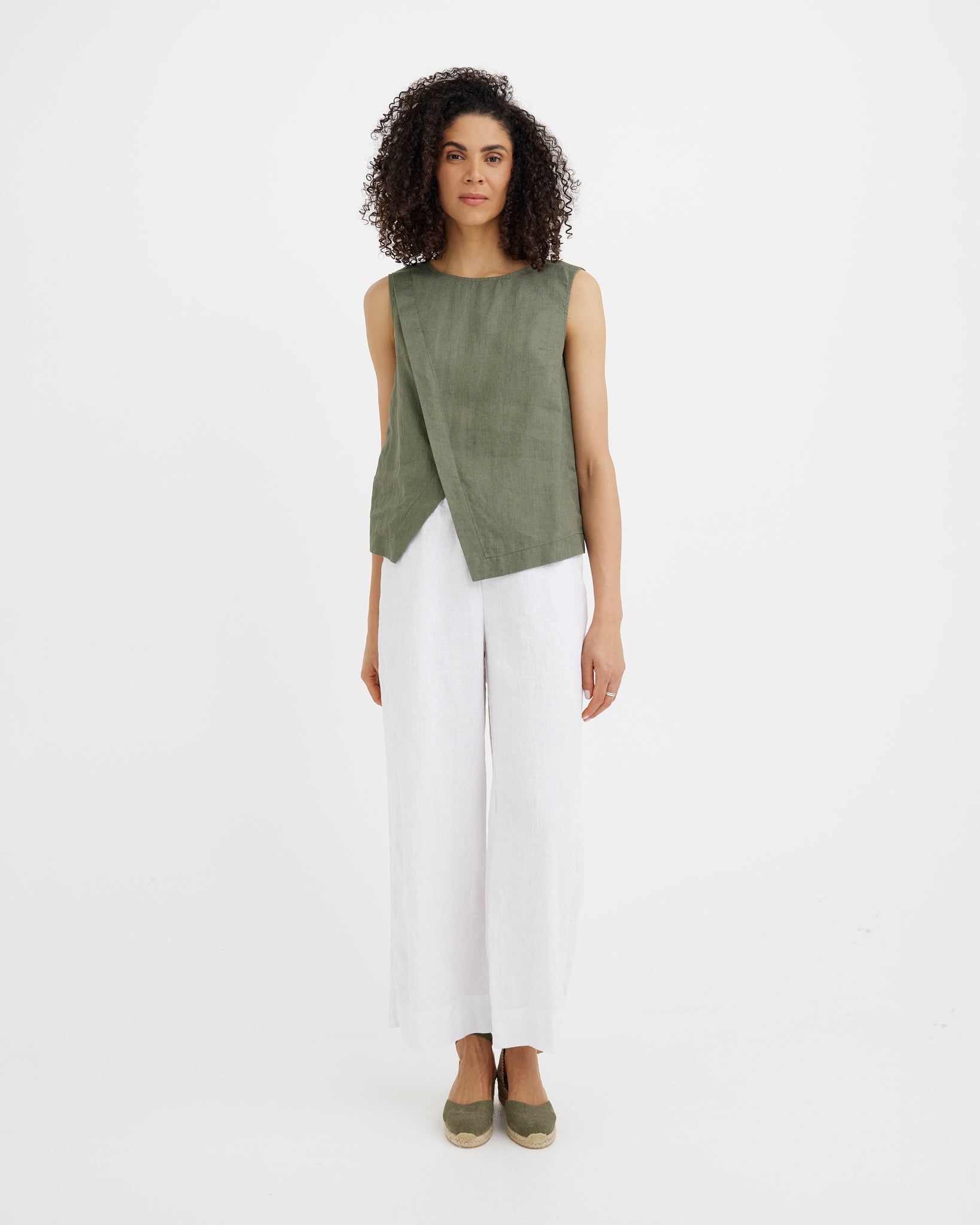 MagicLinen Mist green Linen Sleeveless Top HOUSTON with stitched overlapping front detail  