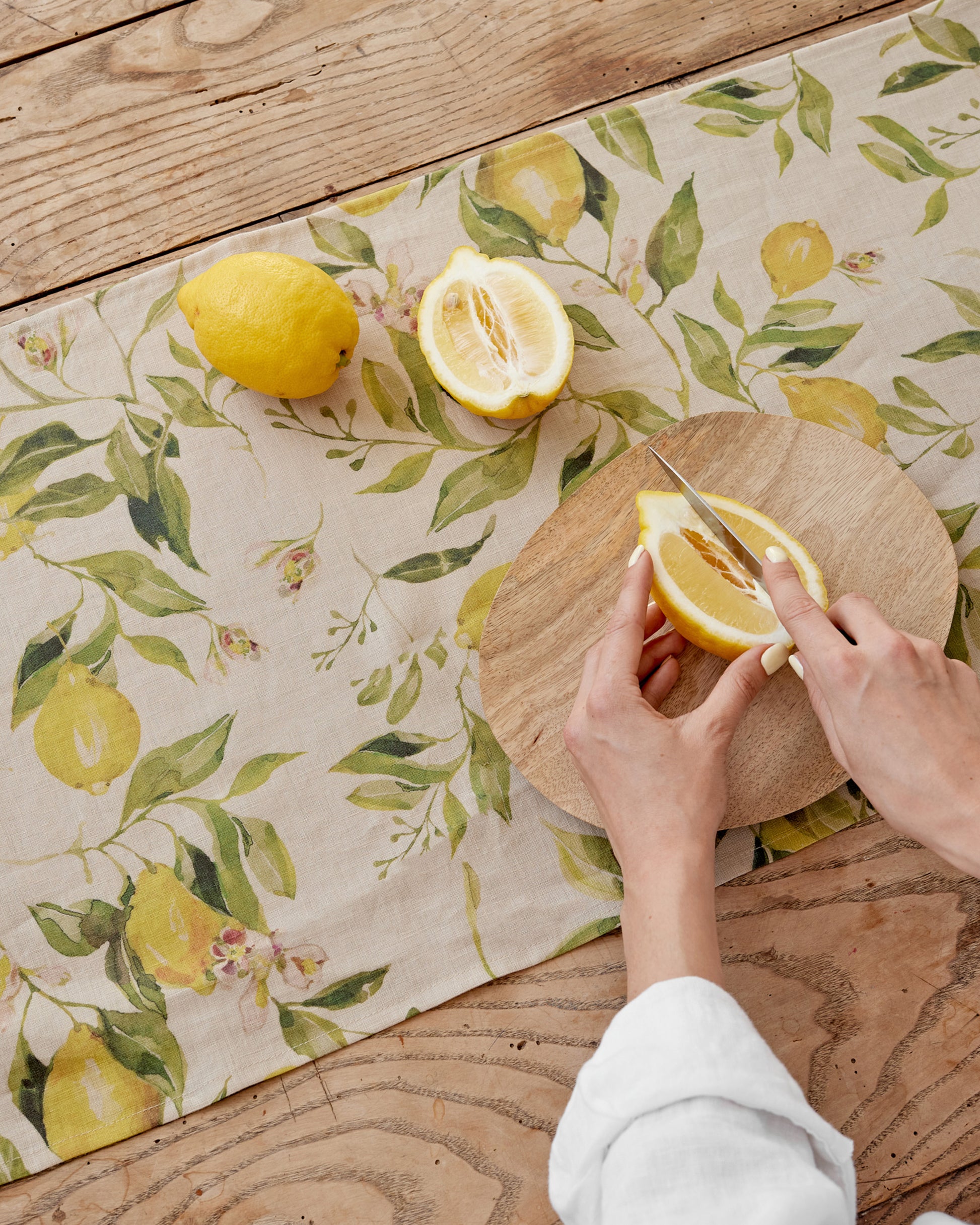 Linen Table Runner in Citrus garden print on natural | MagicLinen