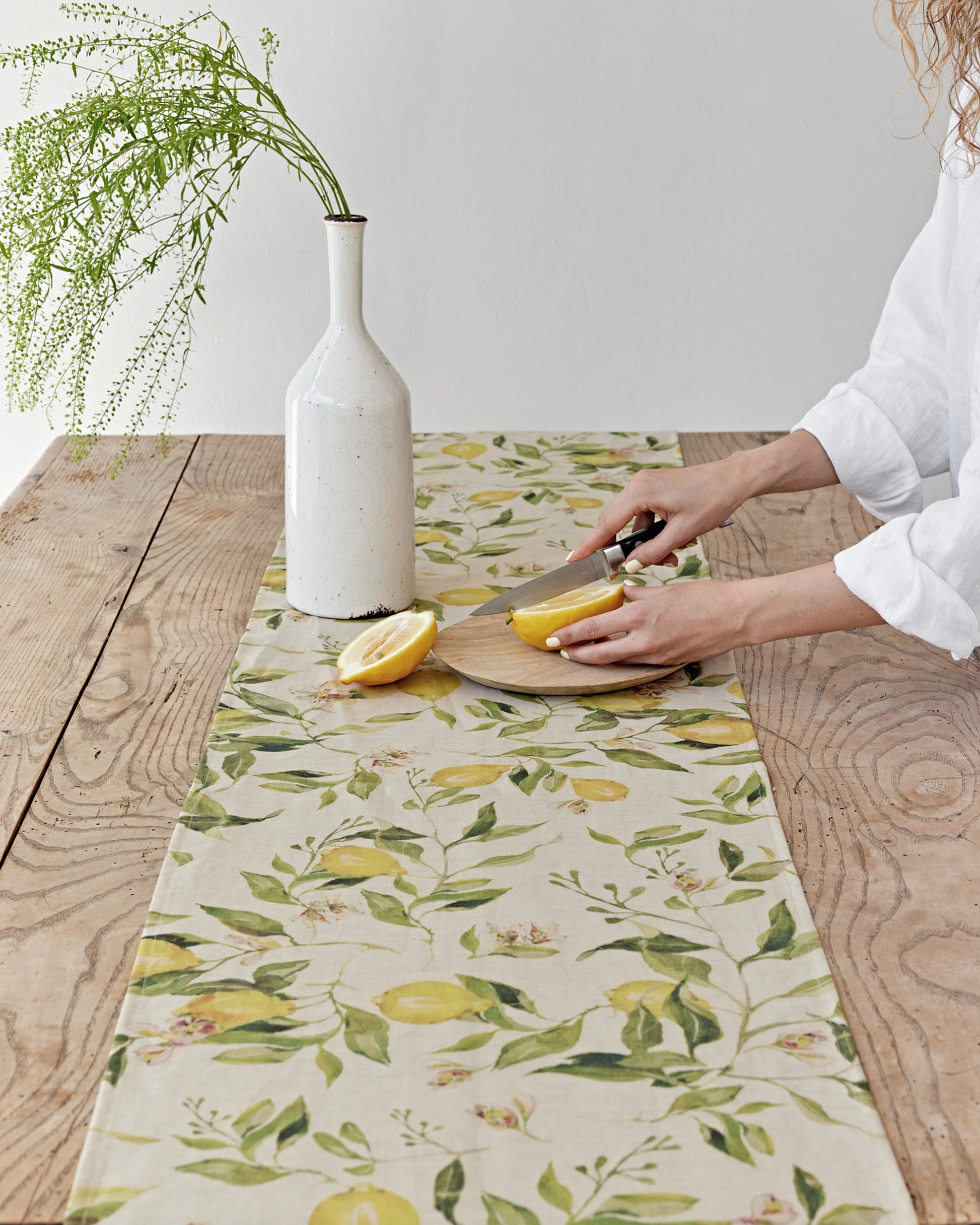 Linen Table Runner in Citrus garden print on natural | MagicLinen