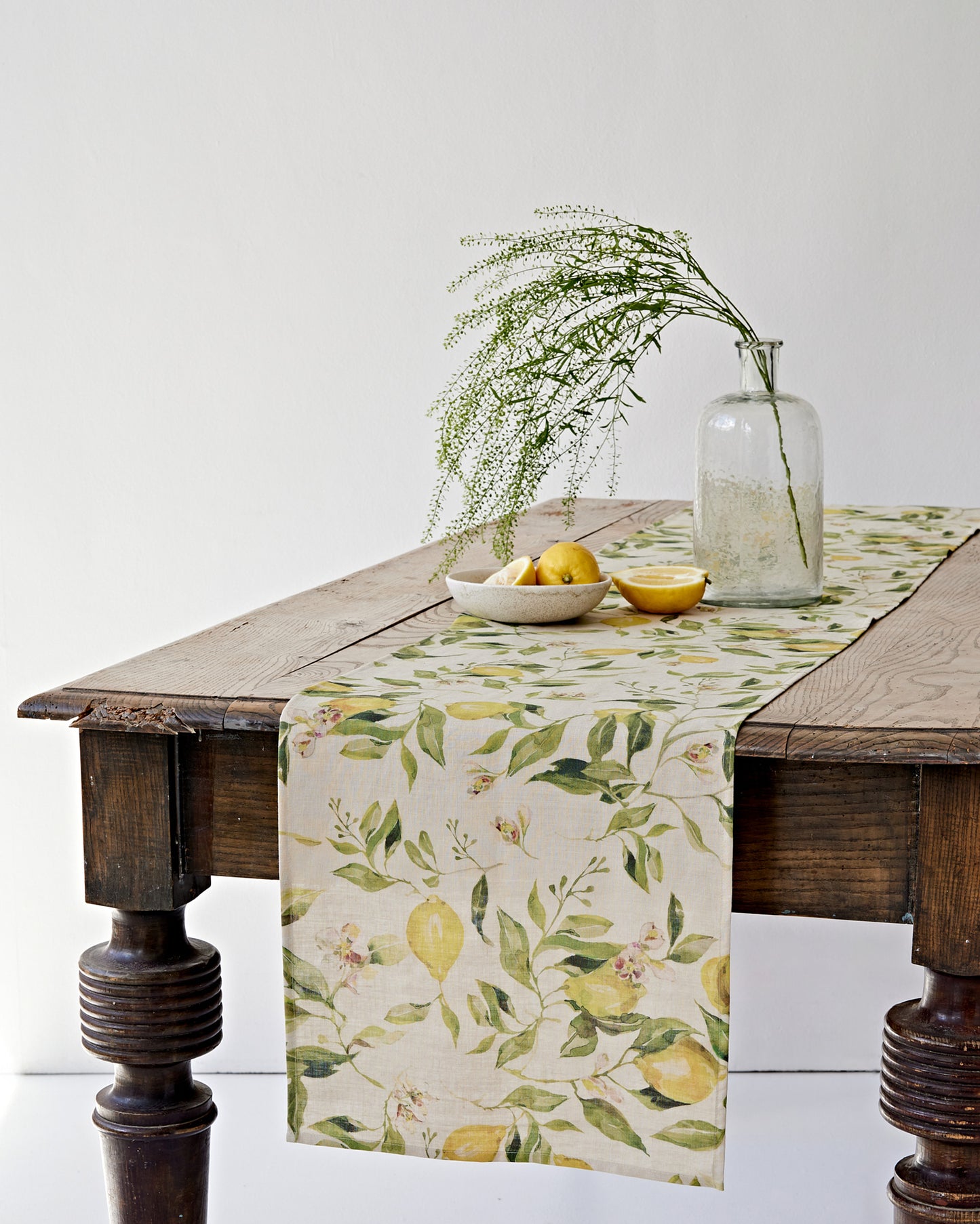 Linen Table Runner in Citrus garden print on natural | MagicLinen