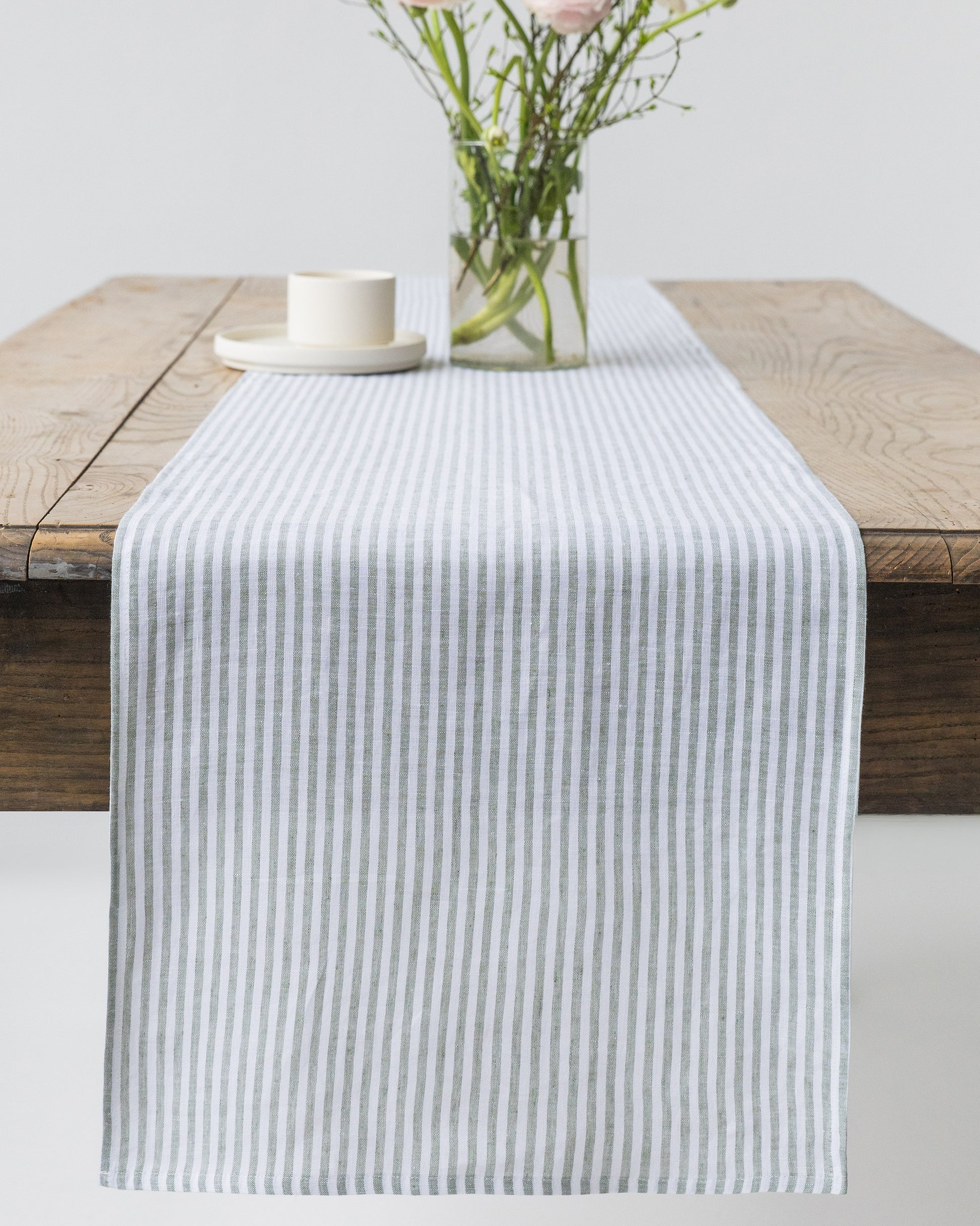 Stone Washed Linen Table Runner in Striped in Forest Green | MagicLinen
