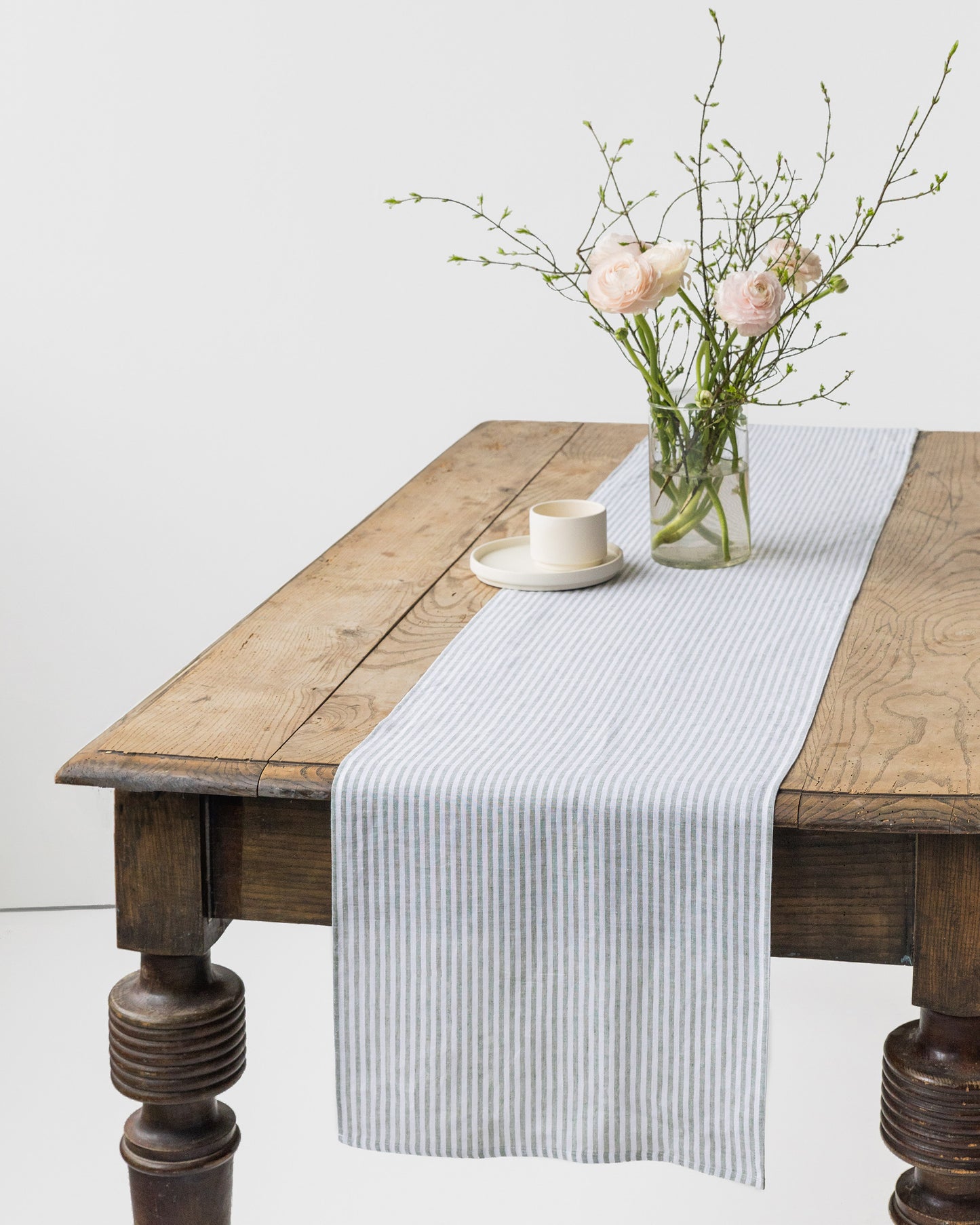 Stone Washed Linen Table Runner in Striped in Forest Green | MagicLinen