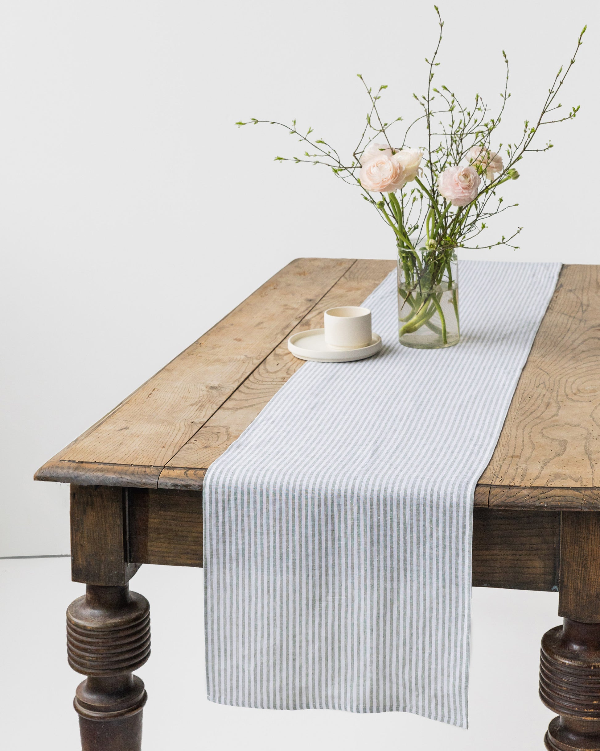 Stone Washed Linen Table Runner in Striped in Forest Green | MagicLinen