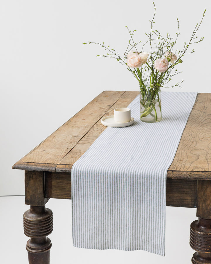 Stone Washed Linen Table Runner in Striped in Forest Green | MagicLinen