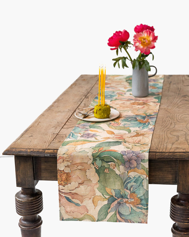 Stone Washed Linen Table Runner in Vibrant peonies natural | MagicLinen