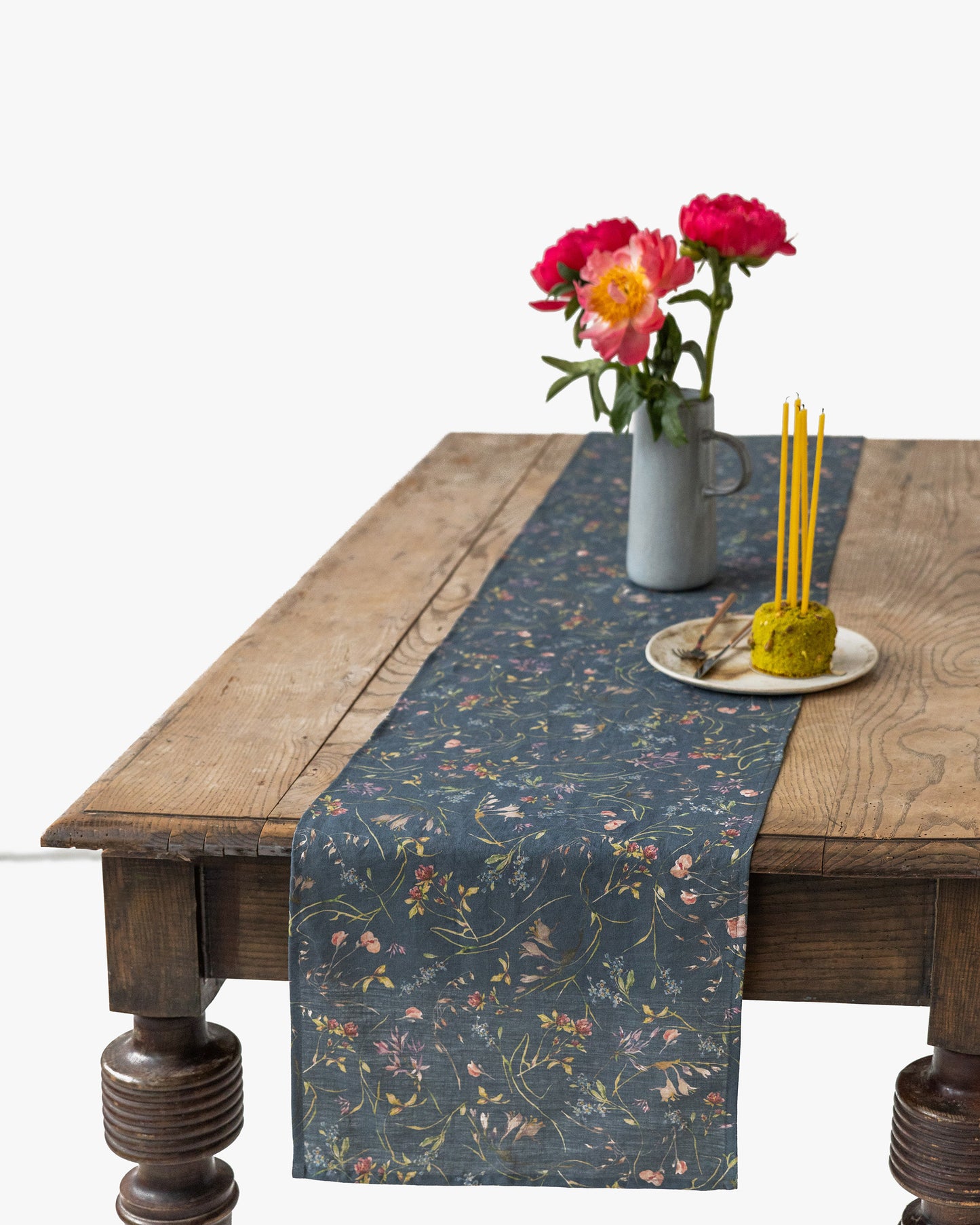 Stone Washed Linen Table Runner in Wildflowers print on deep navy blue | MagicLinen