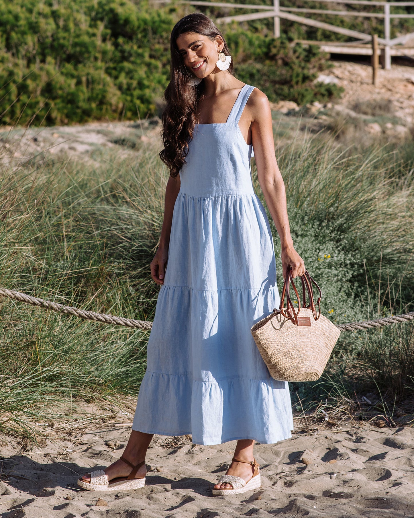 Linen tiered dress IRUYA in Vivid blue | MagicLinen modelBoxOn2