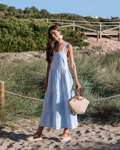 Linen tiered dress IRUYA in Vivid blue | MagicLinen modelBoxOn2