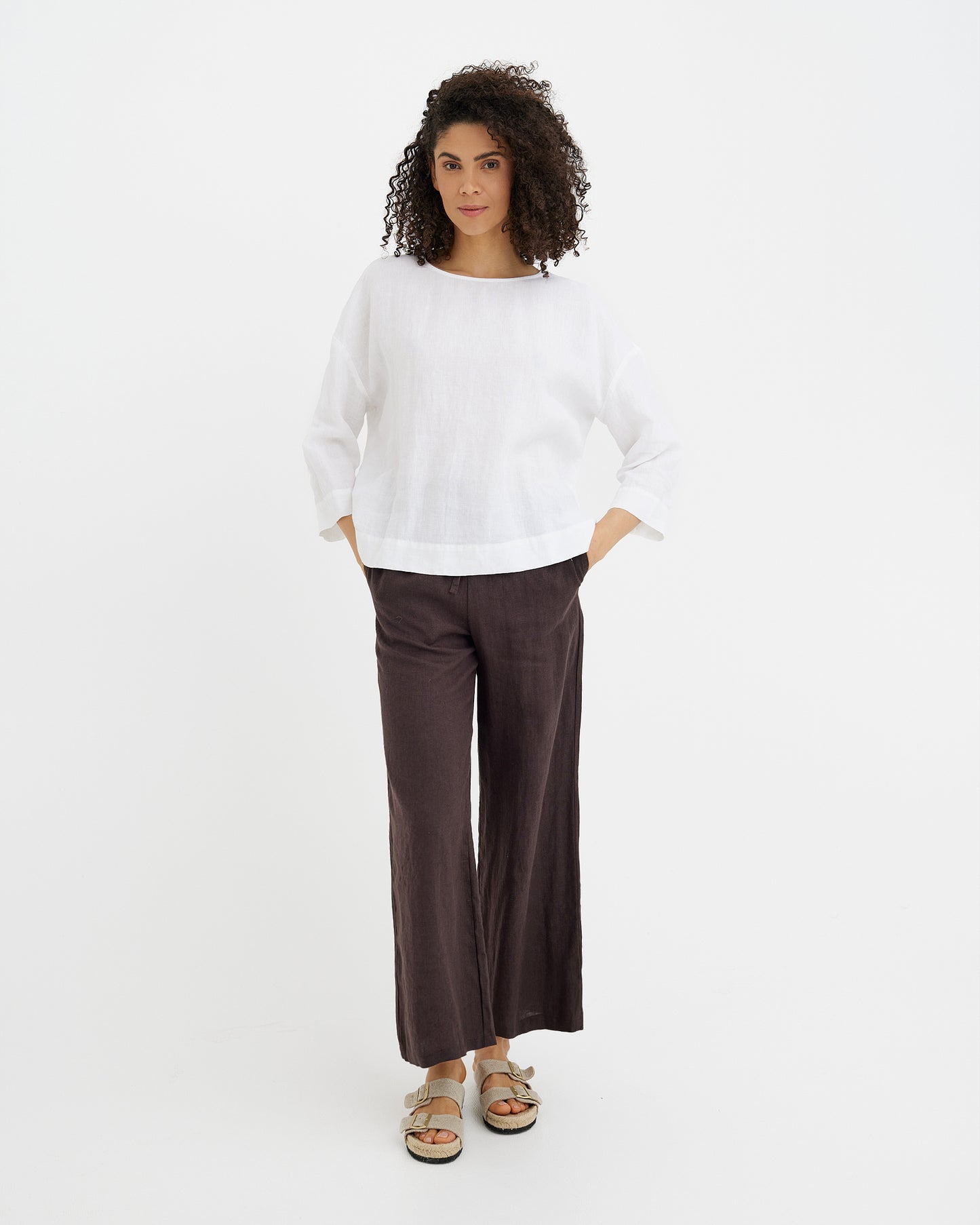 MagicLinen white linen top with boat neckline and mid-length sleeves  