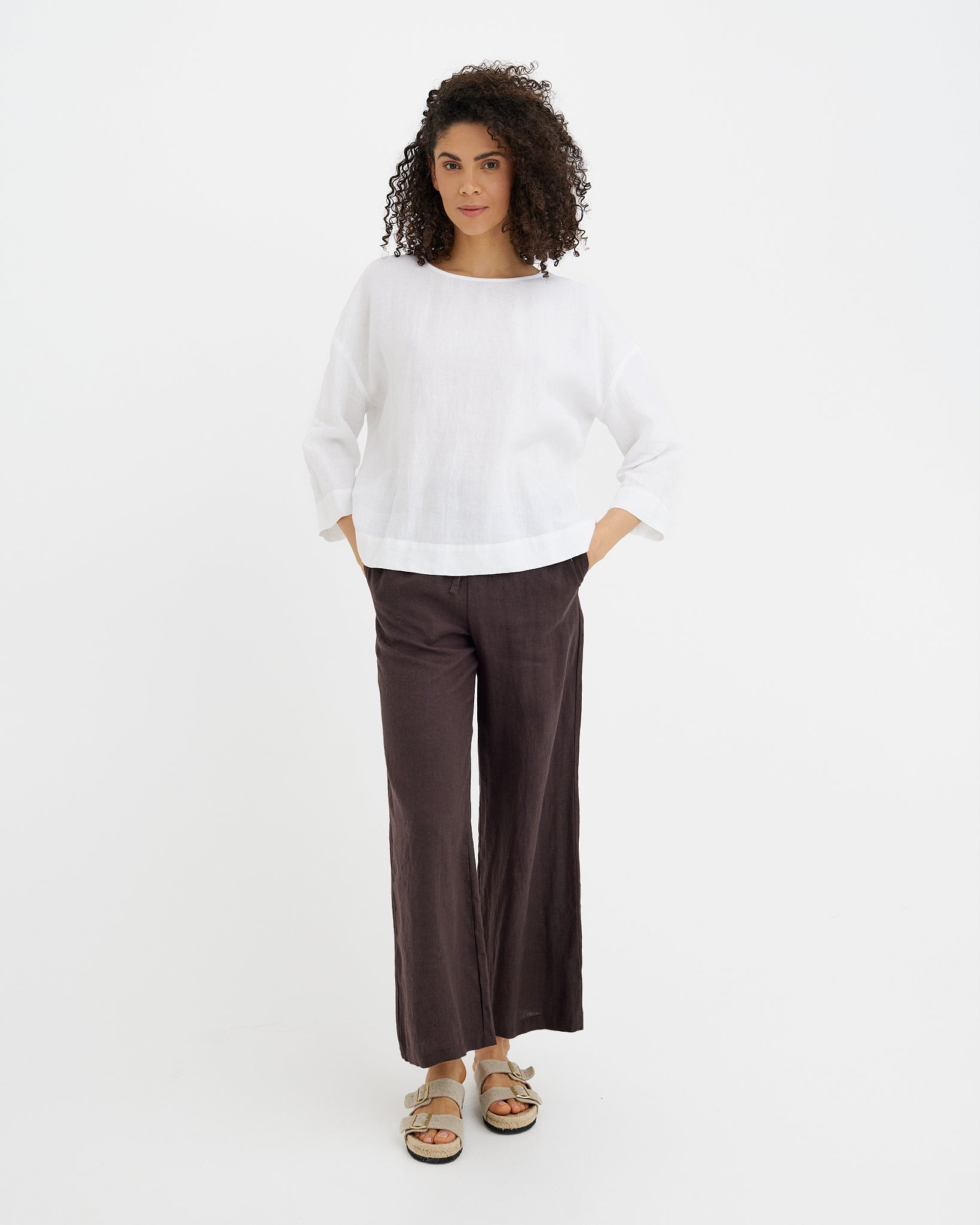MagicLinen white linen top with boat neckline and mid-length sleeves  