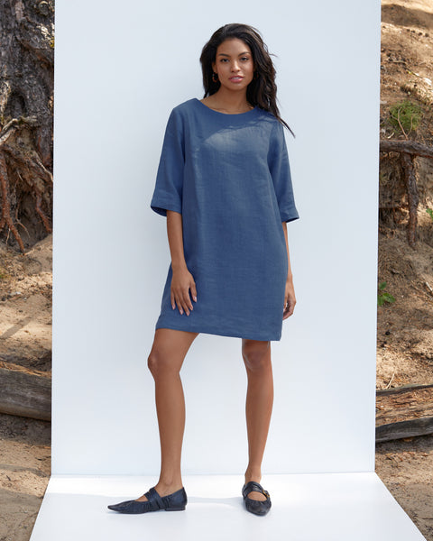 Linen tunic dress LASTRES in Deep navy blue