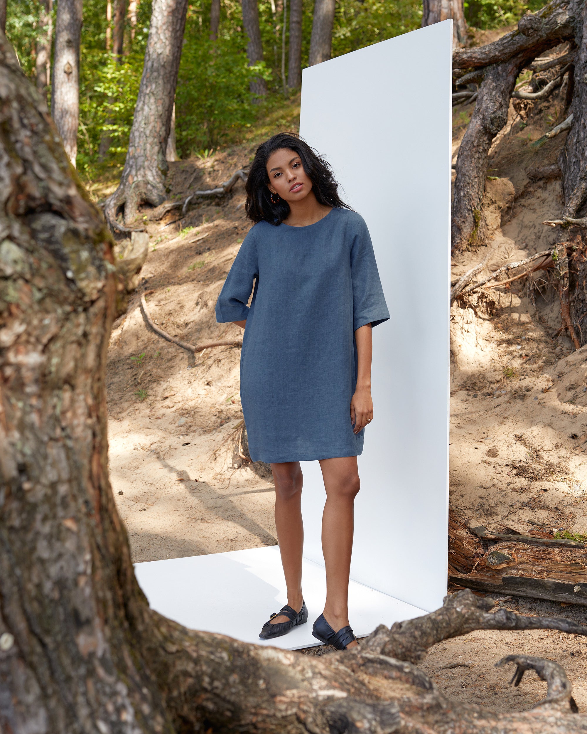 Linen tunic dress LASTRES in Deep navy blue