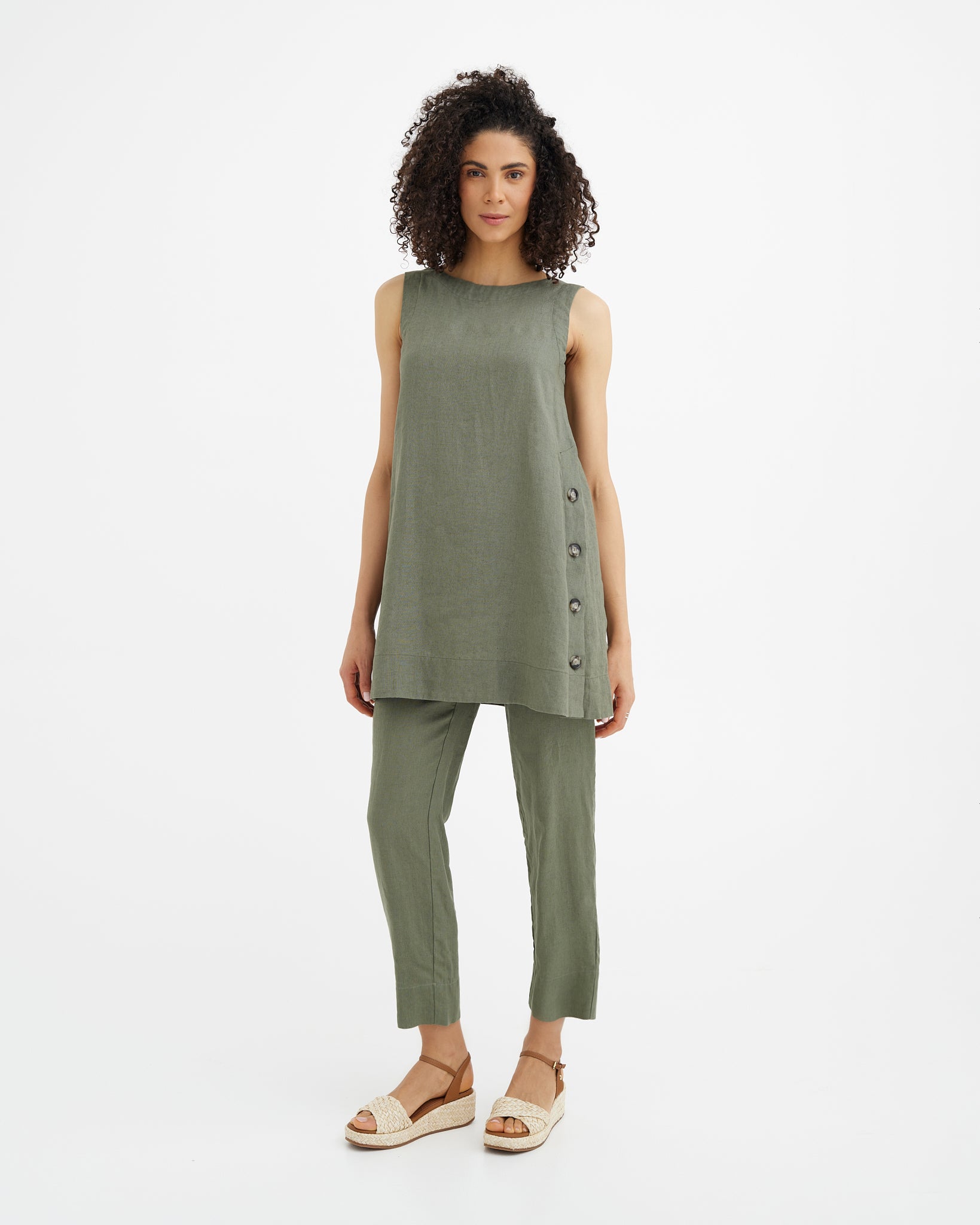 sleeveless linen tunic dress Sleeveless linen overtunic with trim and accents Ilse the Bright