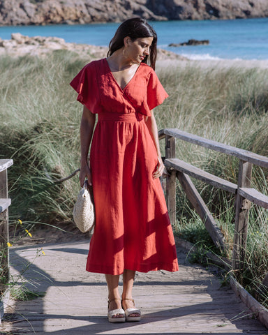 Linen Wrap Dress Yoho in Aurora Red