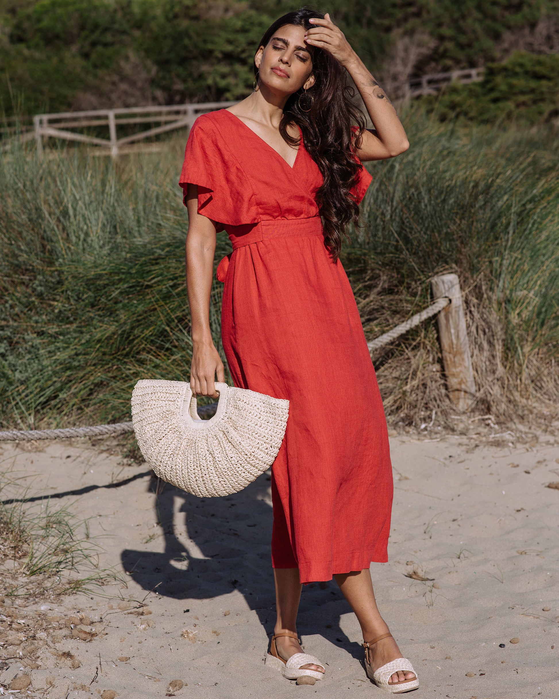long red linen dress Red Linen Maxi Dress: Button-down Belted Dress With Pockets, Plus Size Clothing