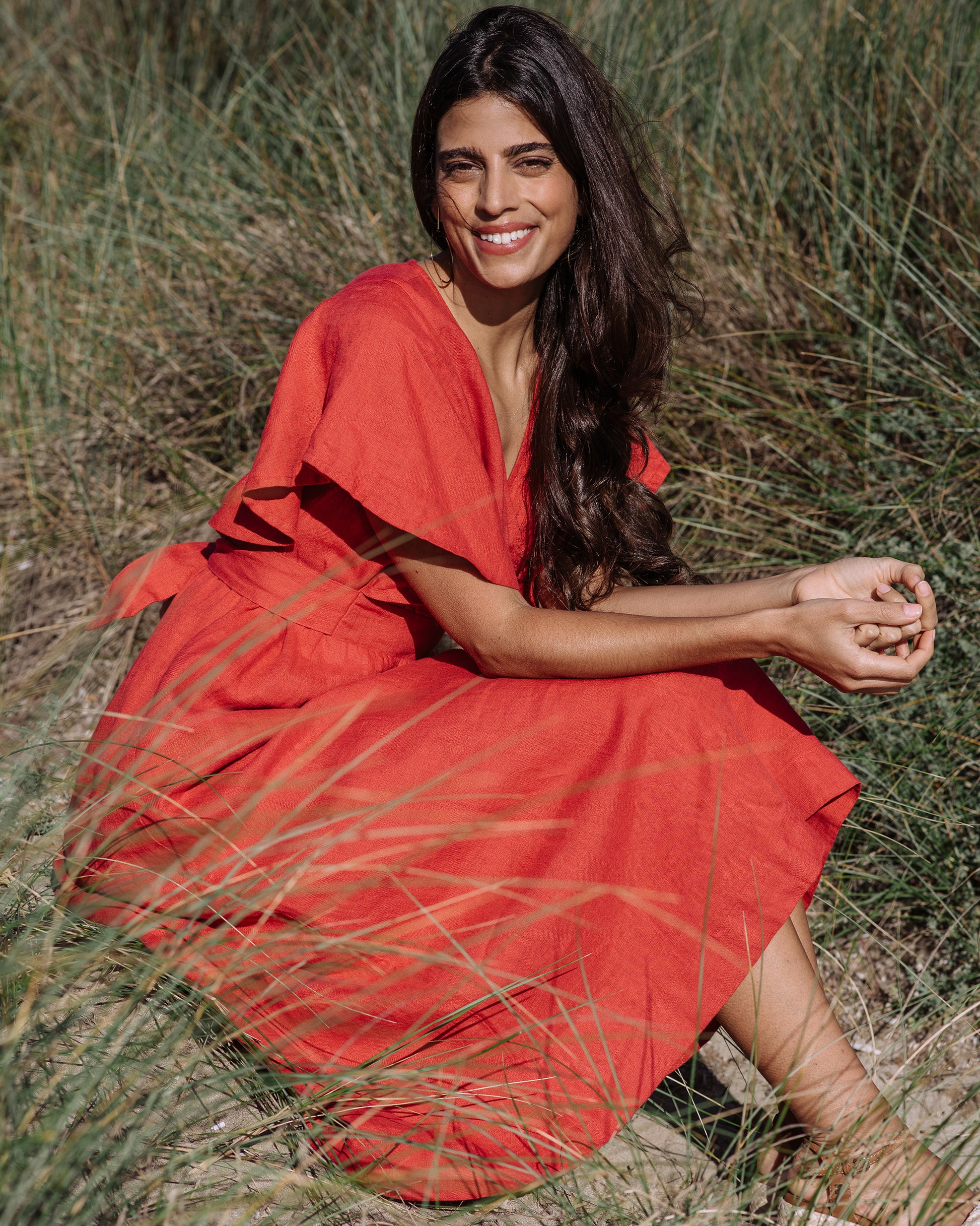 women's red linen dress Linen Wrap Dress SADIE