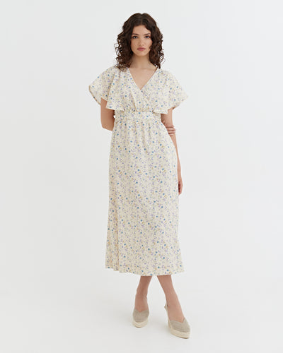Linen wrap dress YOHO in Tiny blooms | MagicLinen modelBoxOn