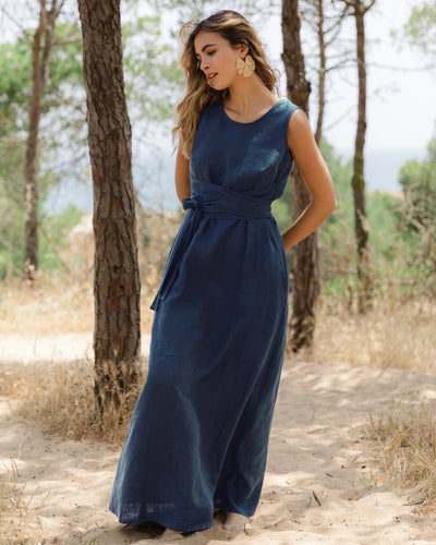Long linen dress BORACAY in Navy blue